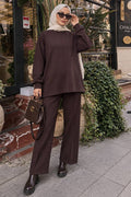 Dark brown raglan-sleeve side-slit modest trouser two-piece set 3012KKH wholesale Turkey fall winter