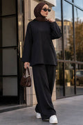 Black raglan-sleeve side-slit modest trouser two-piece set 3012S wholesale Turkey fall winter