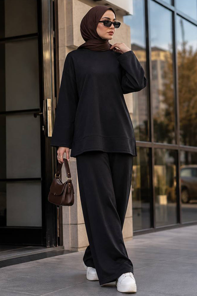 Black raglan-sleeve side-slit modest trouser two-piece set 3012S wholesale Turkey fall winter