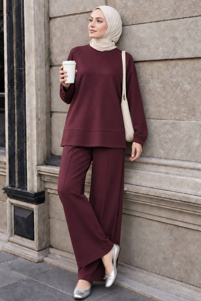 Mink raglan-sleeve side-slit modest trouser two-piece set 3012VSN wholesale Turkey fall winter