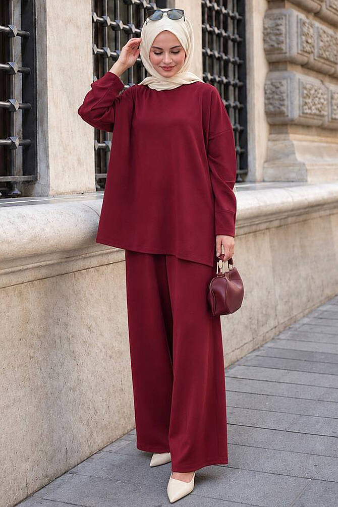 Burgundy relaxed-fit modest two-piece set 1409BR wholesale Turkey fall winter