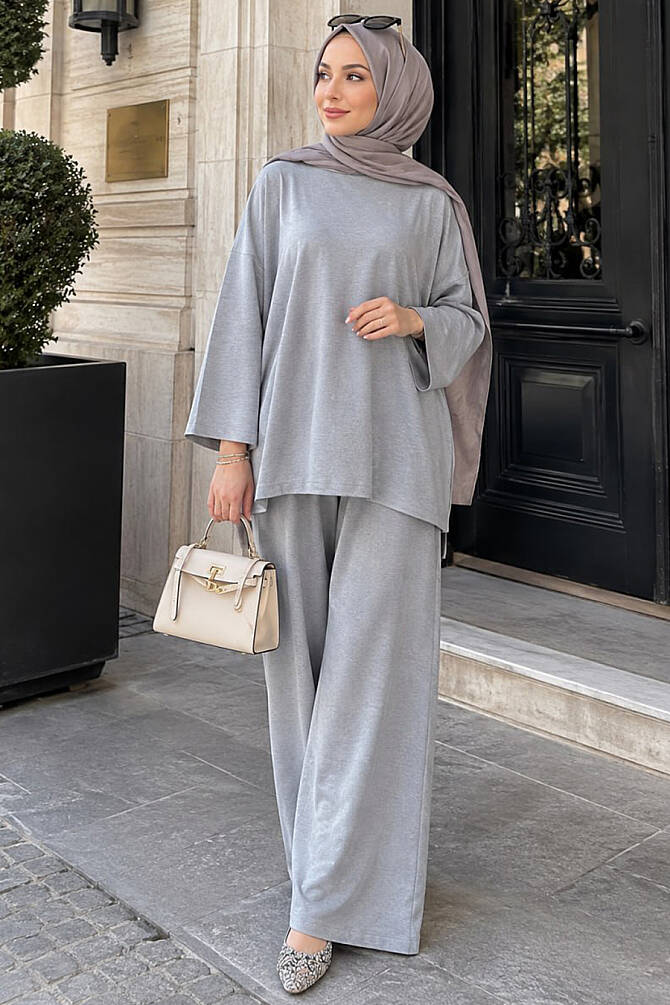 Gray relaxed-fit modest two-piece set 1409GR wholesale Turkey fall winter
