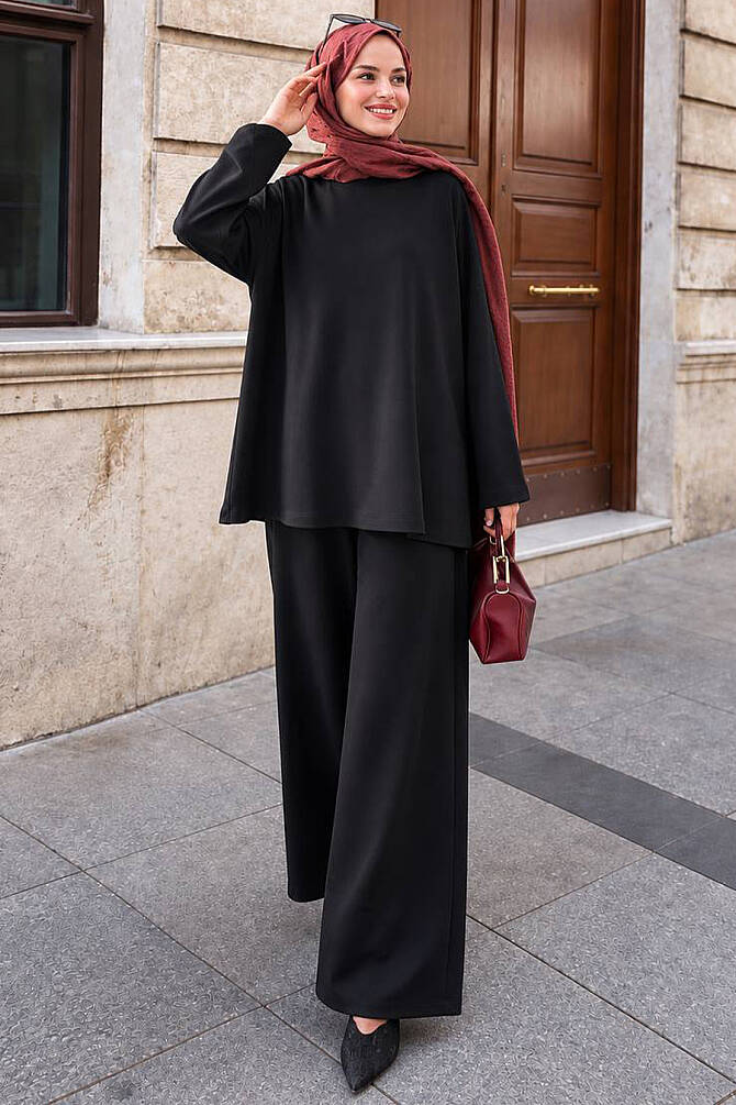 Black relaxed-fit modest two-piece set 1409S wholesale Turkey fall winter