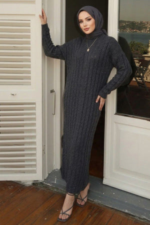 Cable-Knit Anthracite Modest Knit Dress 30312ANT