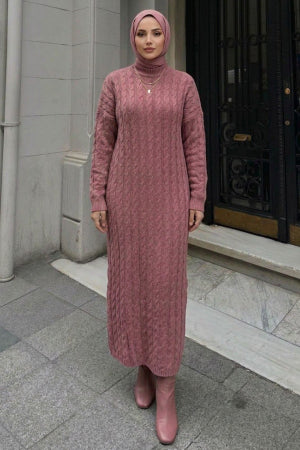 Cable-Knit Dusty Rose Modest Knit Dress 30312GK