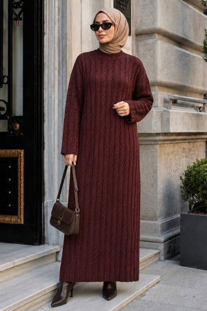 Cable-Knit Brown Modest Knit Dress 30312KH