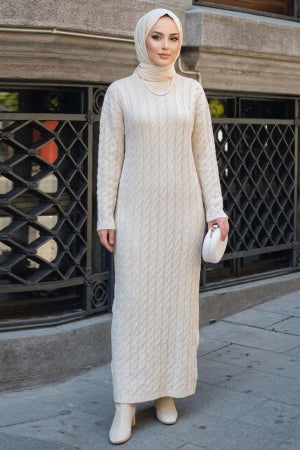 Cable-Knit Cream Modest Knit Dress 30312KR