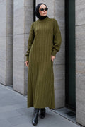 Cable-Knit Olive Green Modest Knit Dress 30312YY