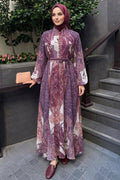 Lilac shawl-pattern tie-waist modest dress 24960LILA wholesale Turkey
