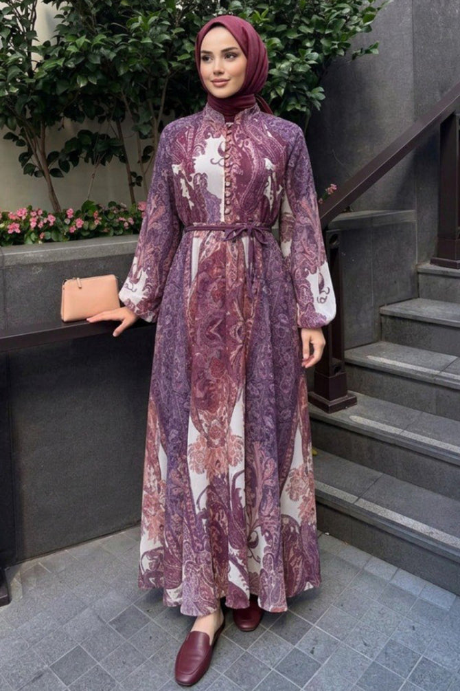 Lilac shawl-pattern tie-waist modest dress 24960LILA wholesale Turkey