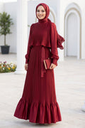 Pleated Satin Crepe Burgundy Modest Dress 95704BR