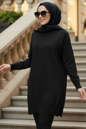 Side-Slit Black Modest Knit Sweater 10901S