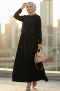 Sweater-Detailed Black Modest Dress 7705S