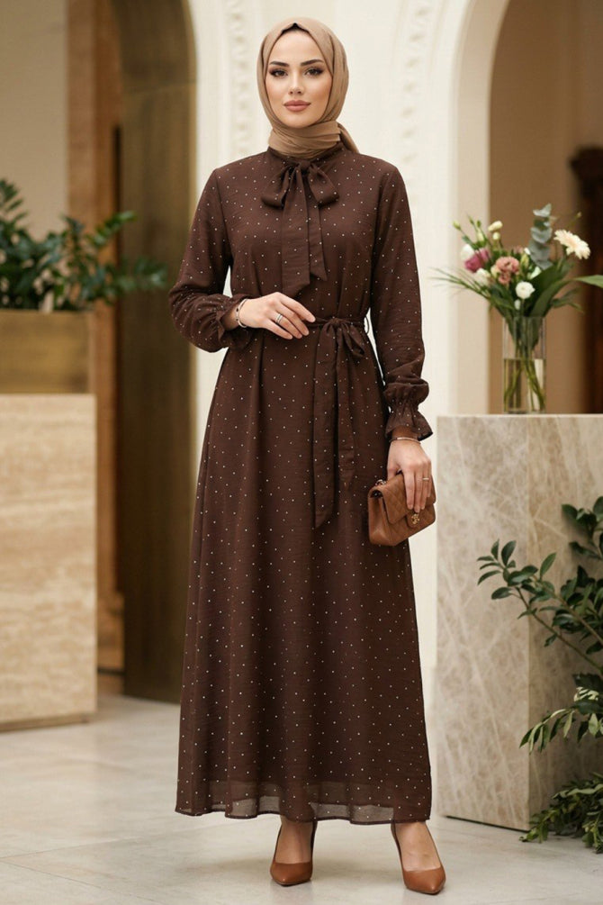 Brown stone-detail scarf-collar modest dress 5335KH wholesale Turkey