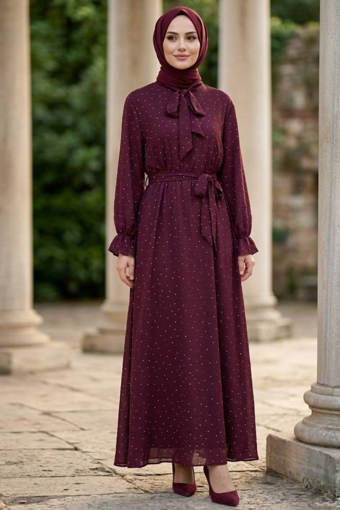 Plum stone-detail scarf-collar modest dress 5335MU wholesale Turkey