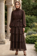 Brown stone-detail tiered ruffle modest dress 5336KH wholesale Turkey