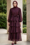 Plum stone-detail tiered ruffle modest dress 5336MU wholesale Turkey