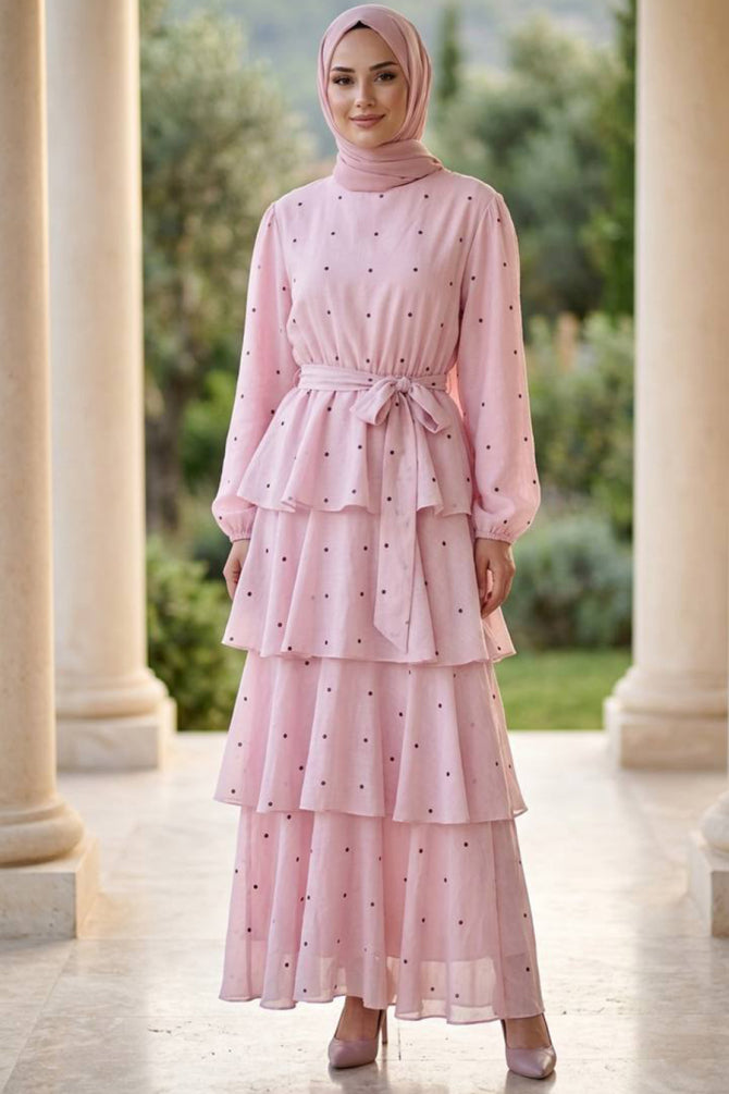 Pink stone-detail tiered ruffle modest dress 5336P wholesale Turkey