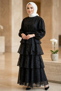 Black stone-detail tiered ruffle modest dress 5336S wholesale Turkey