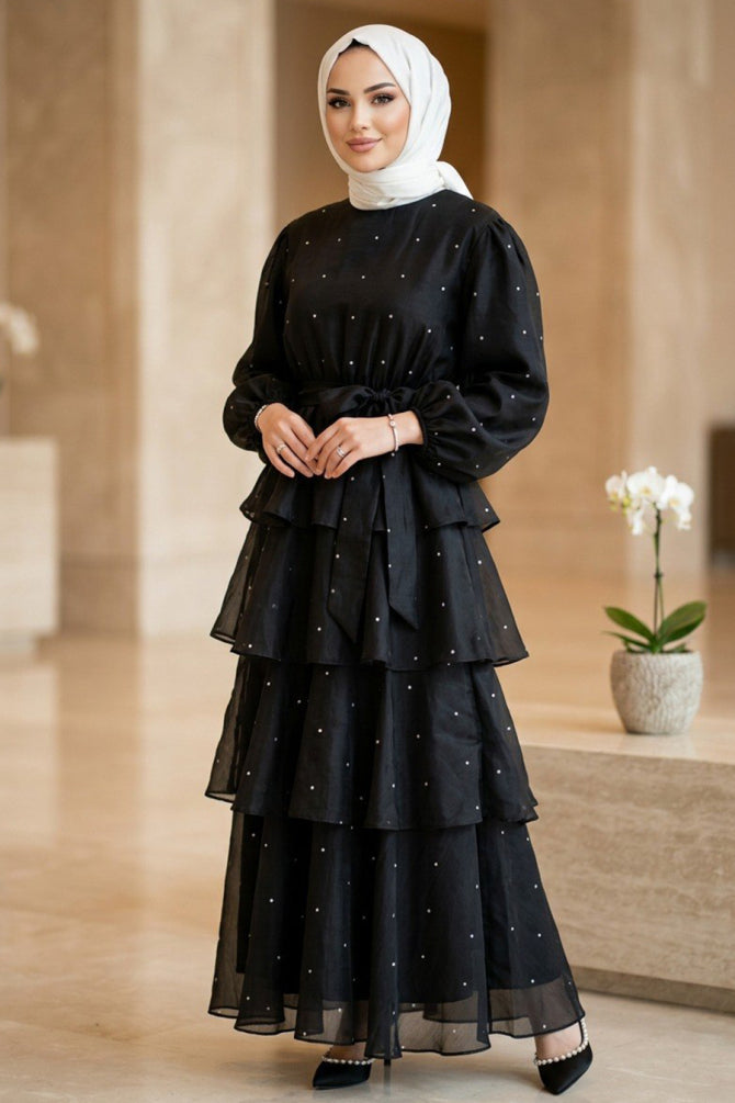 Black stone-detail tiered ruffle modest dress 5336S wholesale Turkey