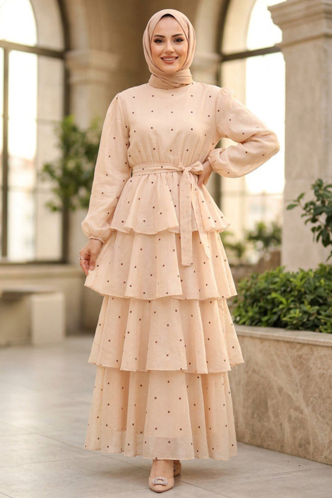 Stone color stone-detail tiered ruffle modest dress 5336TAS wholesale Turkey