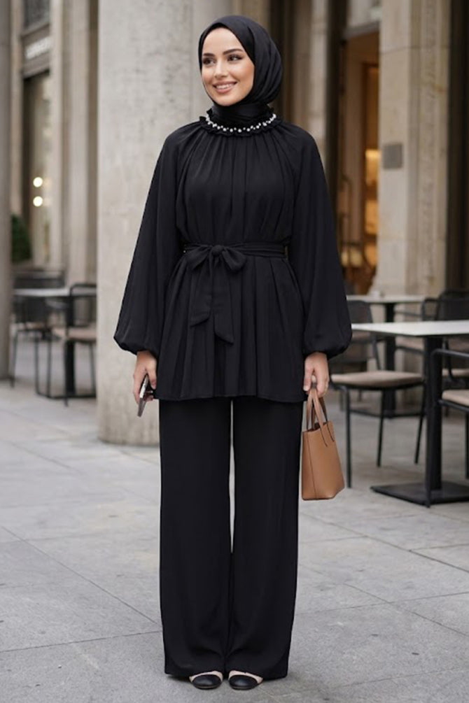 Black stone-detail collar modest two-piece set 26145S wholesale Turkey