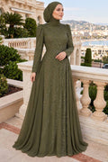 Stone embellished draped khaki modest evening dress 55131HK — Turkish wholesale abiye