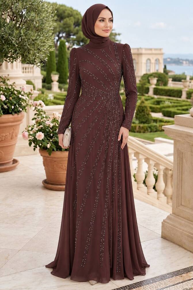Stone embellished draped dark brown modest evening dress 55131KKH — Turkish wholesale abiye