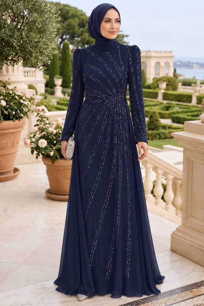 Stone embellished draped navy blue modest evening dress 55131L — Turkish wholesale abiye