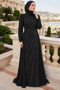 Stone embellished draped black modest evening dress 55131S — Turkish wholesale abiye