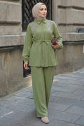 Light khaki stone-embellished shirt-collar modest two-piece set 26189AHK wholesale Turkey