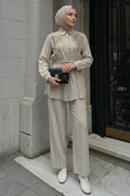 Stone colour stone-embellished shirt-collar modest two-piece set 26189TAS wholesale Turkey