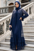 Stone-Embellished Navy Tulle Ruffled Modest Abaya 60882L