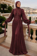 Stone trim stripe draped dark burgundy modest evening dress 5739KBR — Turkish wholesale shimmery abiye