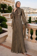Stone trim stripe draped dark mink modest evening dress 5739KV — Turkish wholesale shimmery abiye