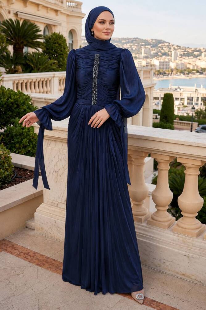 Stone trim stripe draped navy blue modest evening dress 5739L — Turkish wholesale shimmery abiye