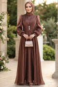 Stone-Buckle Draped Brown Modest Evening Dress 5705KH