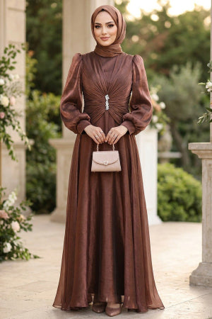 Stone-Buckle Draped Brown Modest Evening Dress 5705KH