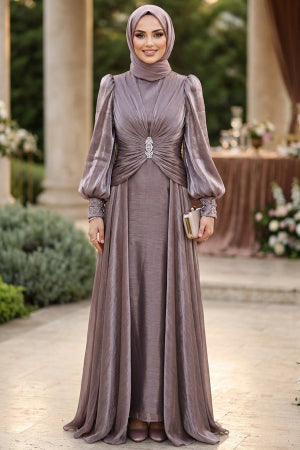 Stone-Buckle Draped Dark Lilac Modest Evening Dress 5705KLILA