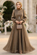 Stone-Buckle Draped Dark Mink Modest Evening Dress 5705KV