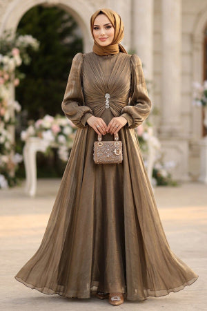 Stone-Buckle Draped Dark Mink Modest Evening Dress 5705KV
