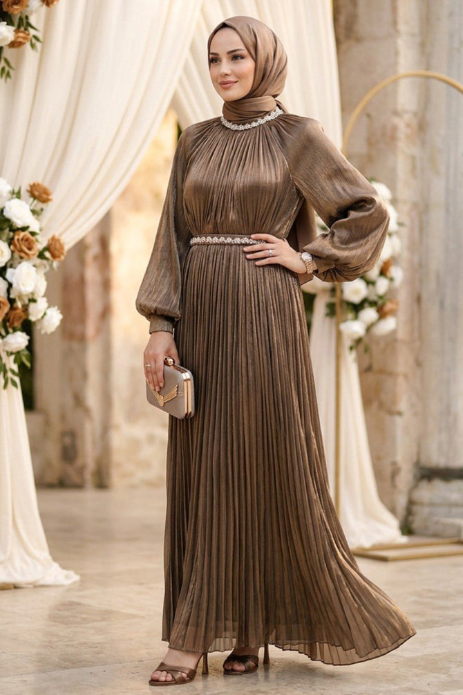 Dark mink stone-collar belted luxury modest evening dress 5719KV wholesale Turkey