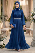 Navy blue stone-collar belted luxury modest evening dress 5719L wholesale Turkey