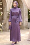Stone-Embellished Belted Dark Lilac Modest Evening Dress 15681KLILA