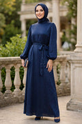 Stone-Embellished Belted Navy Blue Modest Evening Dress 15681L
