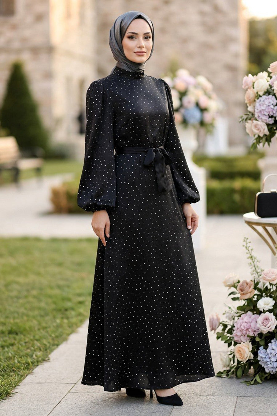 Stone-Embellished Belted Black Modest Evening Dress 15681S