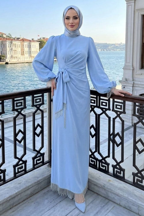 Balloon Sleeve Baby Blue Modest Evening Dress 62251BBM