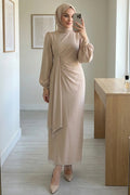 Balloon Sleeve Beige Modest Evening Dress 62251BEJ