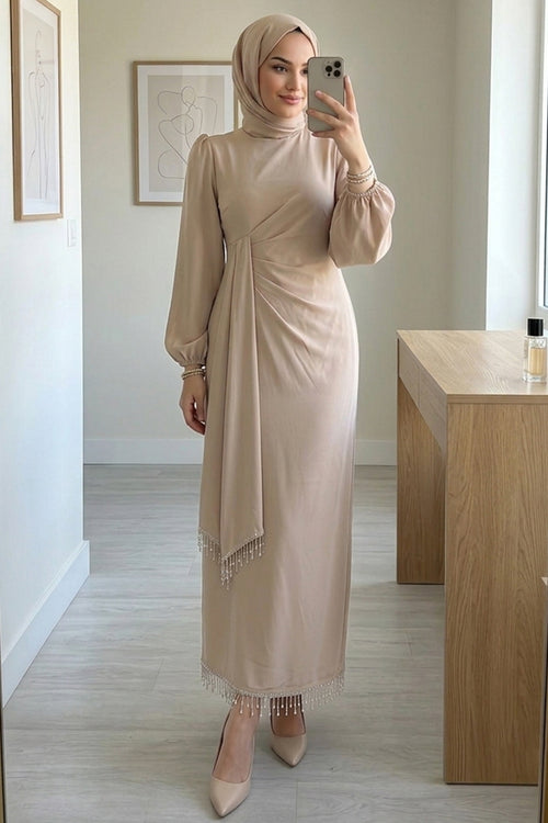 Balloon Sleeve Beige Modest Evening Dress 62251BEJ