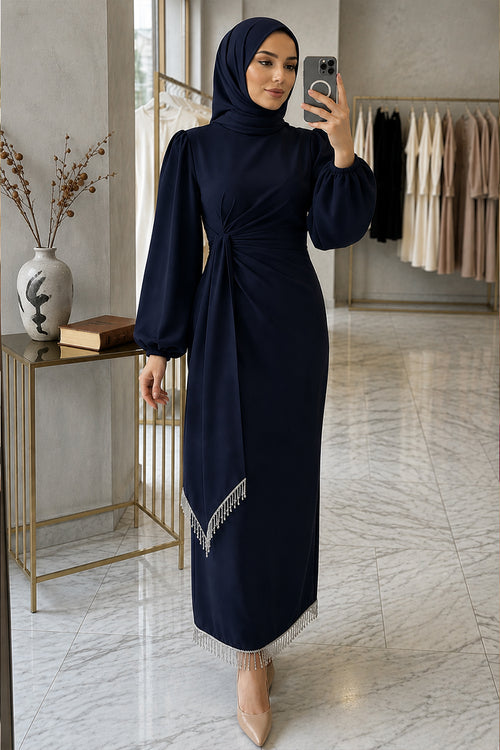 Balloon Sleeve Dark Navy Modest Evening Dress 62251KL